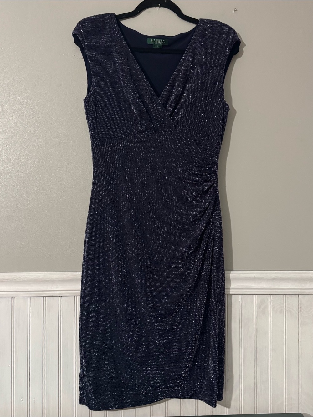 Lauren Ralph Lauren Metallic Ruched Sheath Dress Navy Blue & Silver Size 10